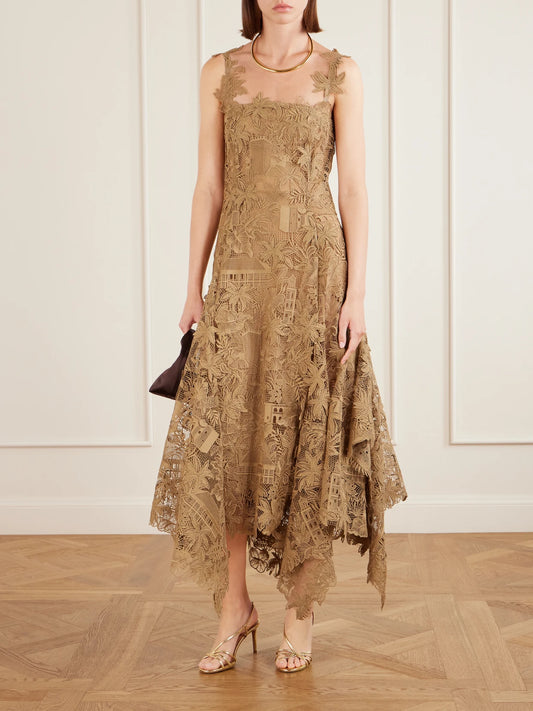 Image of Dresses. Product name - Guipure-lace Midi Dress in Beige colour by brand - Oscar de la Renta