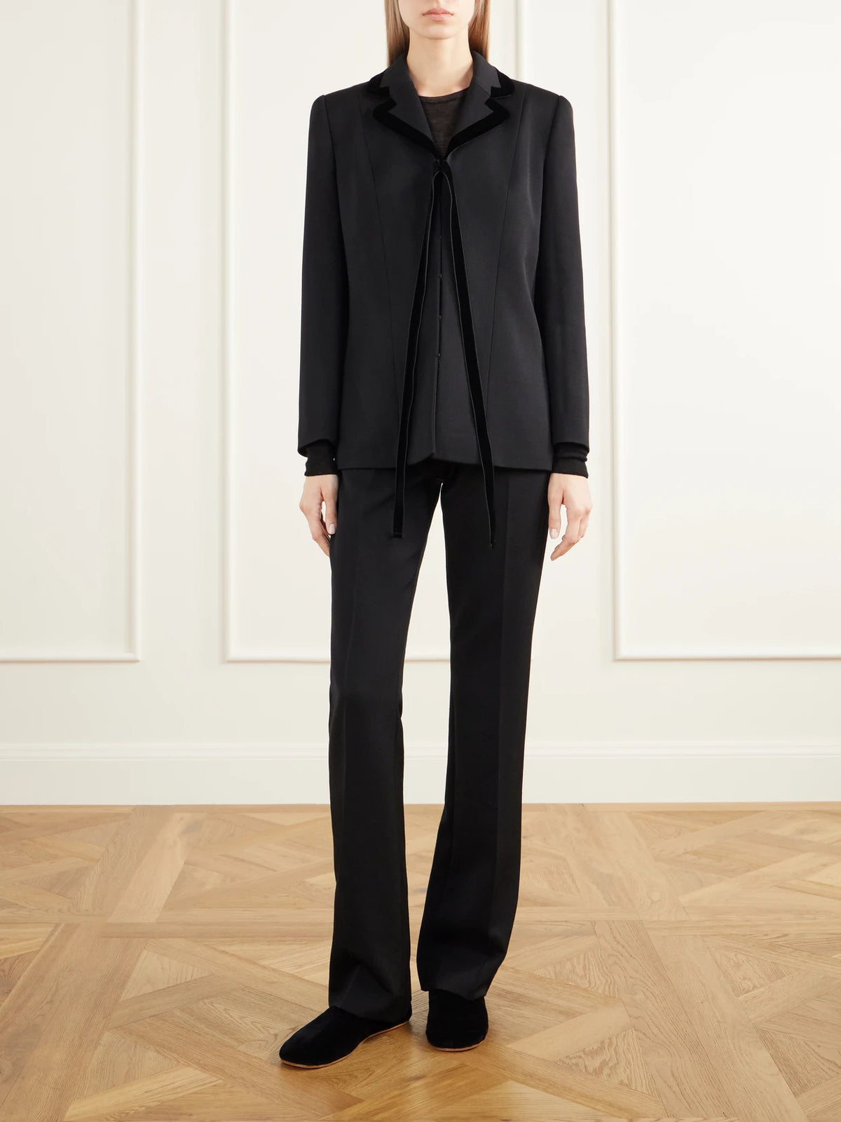 Image of Coats & Jackets. Product name - Celinde Velvet-trimmed Wool-blend Twill Jacket in Black colour by brand - The Row