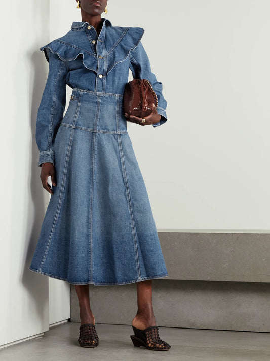Image of Jeans. Product name - The Brigette Embellished Paneled Denim Midi Skirt in Mid denim colour by brand - Ulla Johnson