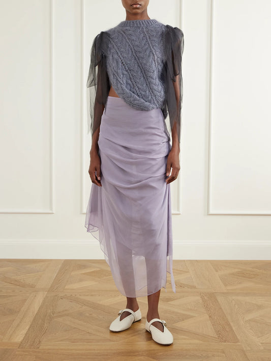 Image of a model wearing Outerwear. Product name - Winnie Chiffon-trimmed Wool-blend Sweater in Gray colour by brand - Pauline Dujancourt