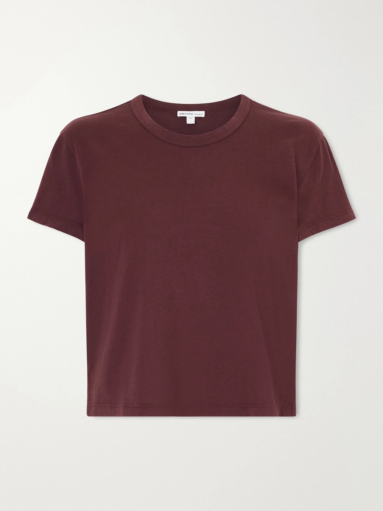 Image of a model wearing Tops. Product name - Cropped Cotton-jersey T-shirt in Burgundy colour by brand - James Perse
