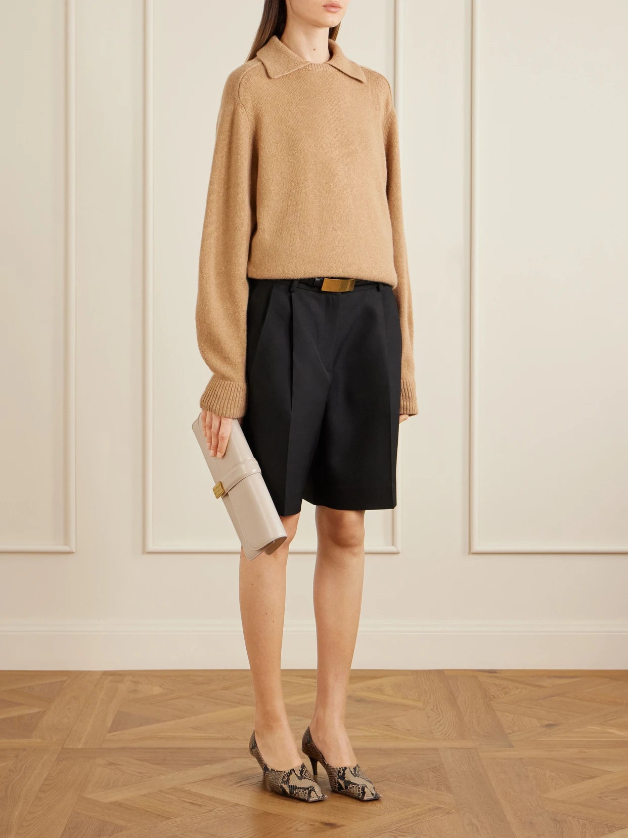 Image of a model wearing Outerwear. Product name - Jackson Wool And Cashmere-blend Sweater in Beige colour by brand - KHAITE
