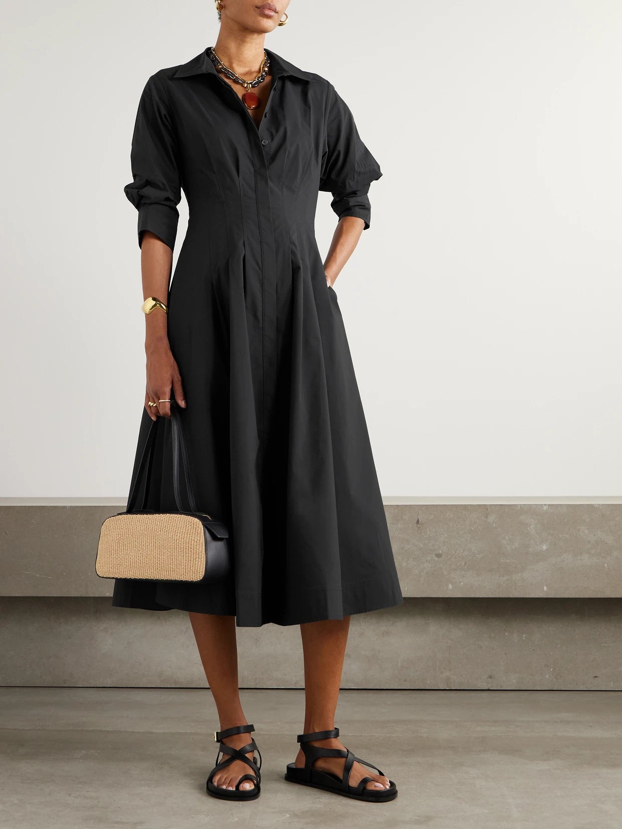 Image of Dresses. Product name - Jazz Pleated Cotton-blend Poplin Midi Shirt Dress in Black colour by brand - SIMKHAI