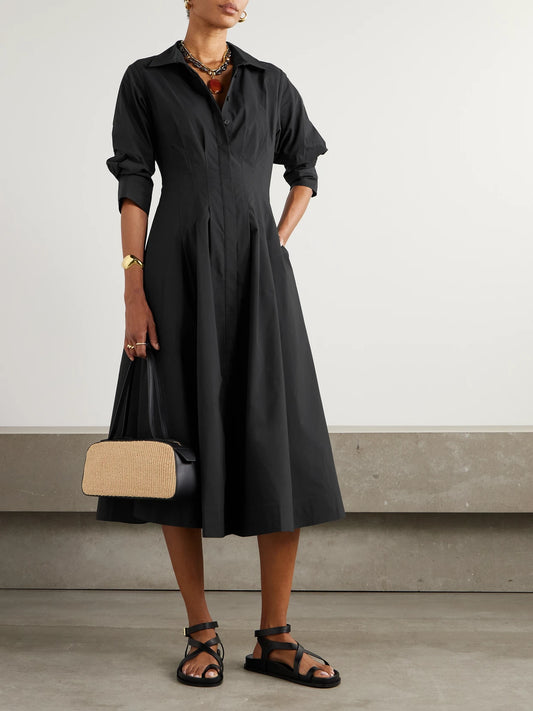 Image of Dresses. Product name - Jazz Pleated Cotton-blend Poplin Midi Shirt Dress in Black colour by brand - SIMKHAI