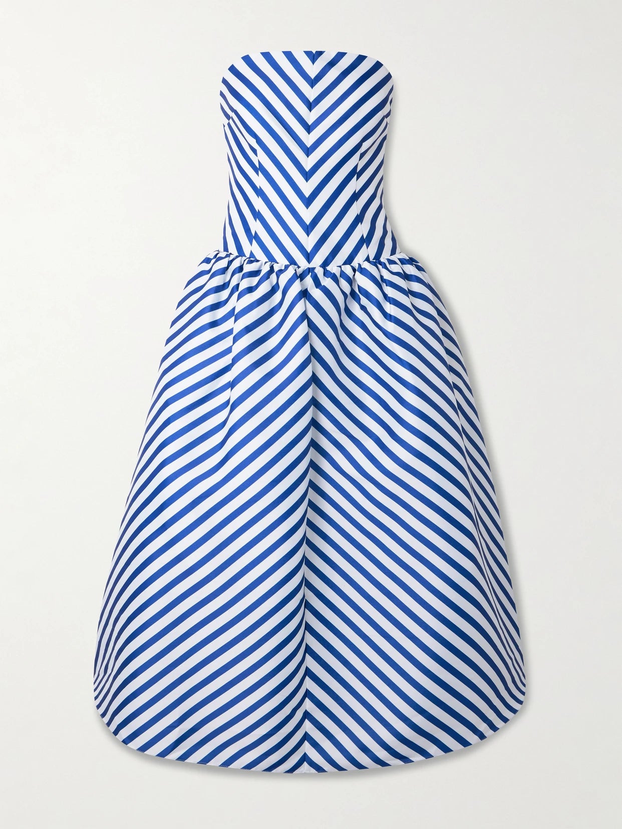 Image of Dresses. Product name - Strapless Striped Taffeta Midi Dress in Navy colour by brand - Self-Portrait