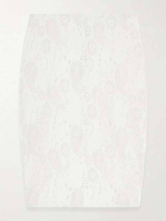 Image of a model wearing Skirts. Product name - Lace Linen-blend Midi Skirt in Cream colour by brand - RÓHE