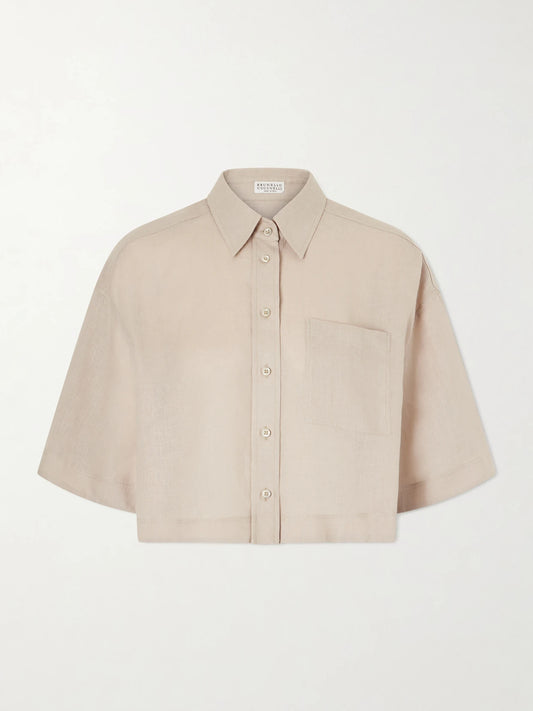 Image of a model wearing Tops. Product name - Cropped Cotton Shirt in Sand colour by brand - Brunello Cucinelli