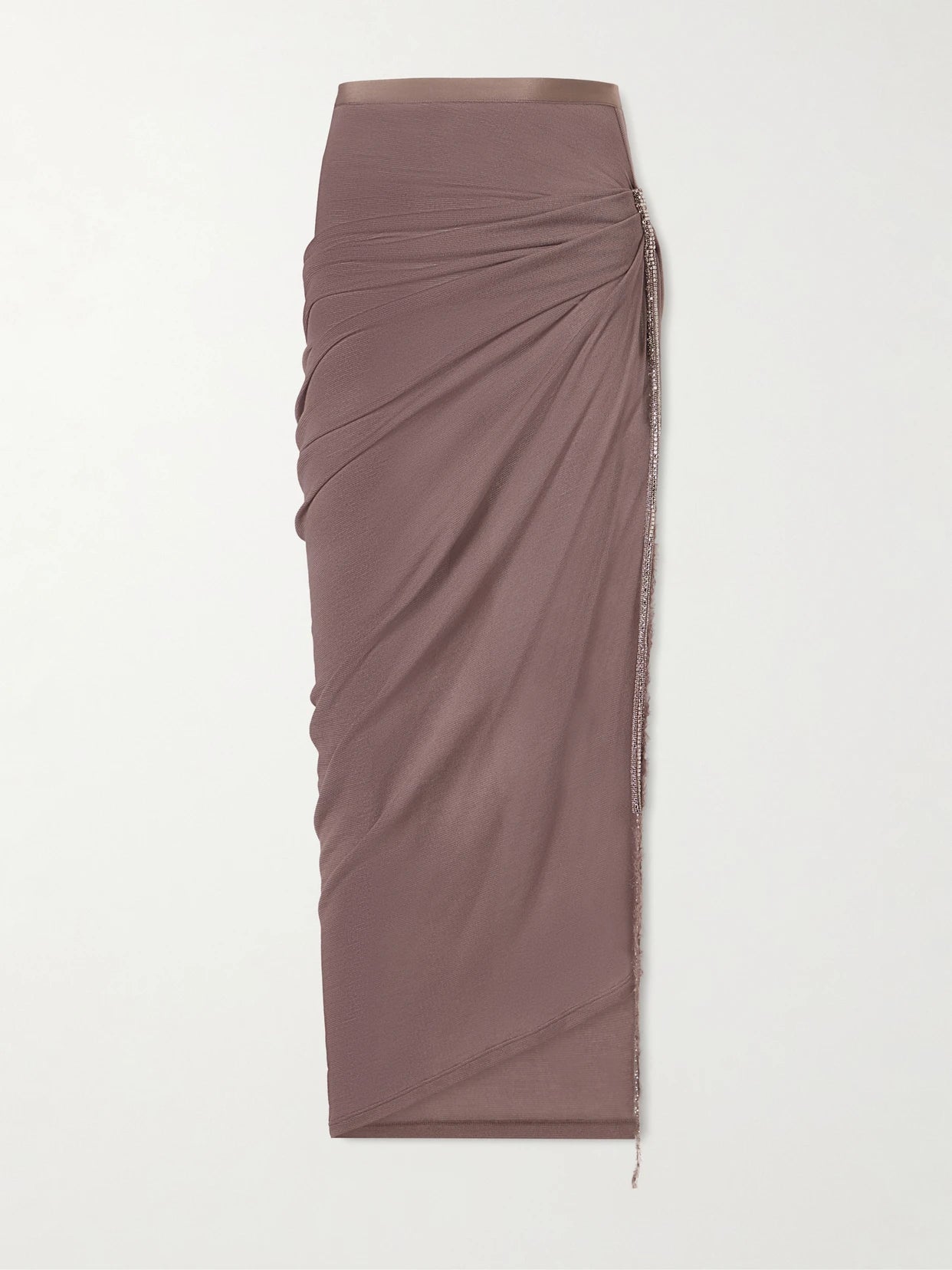 Image of a model wearing Skirts. Product name - Embellished Draped Knitted Midi Skirt in Brown colour by brand - Wiederhoeft