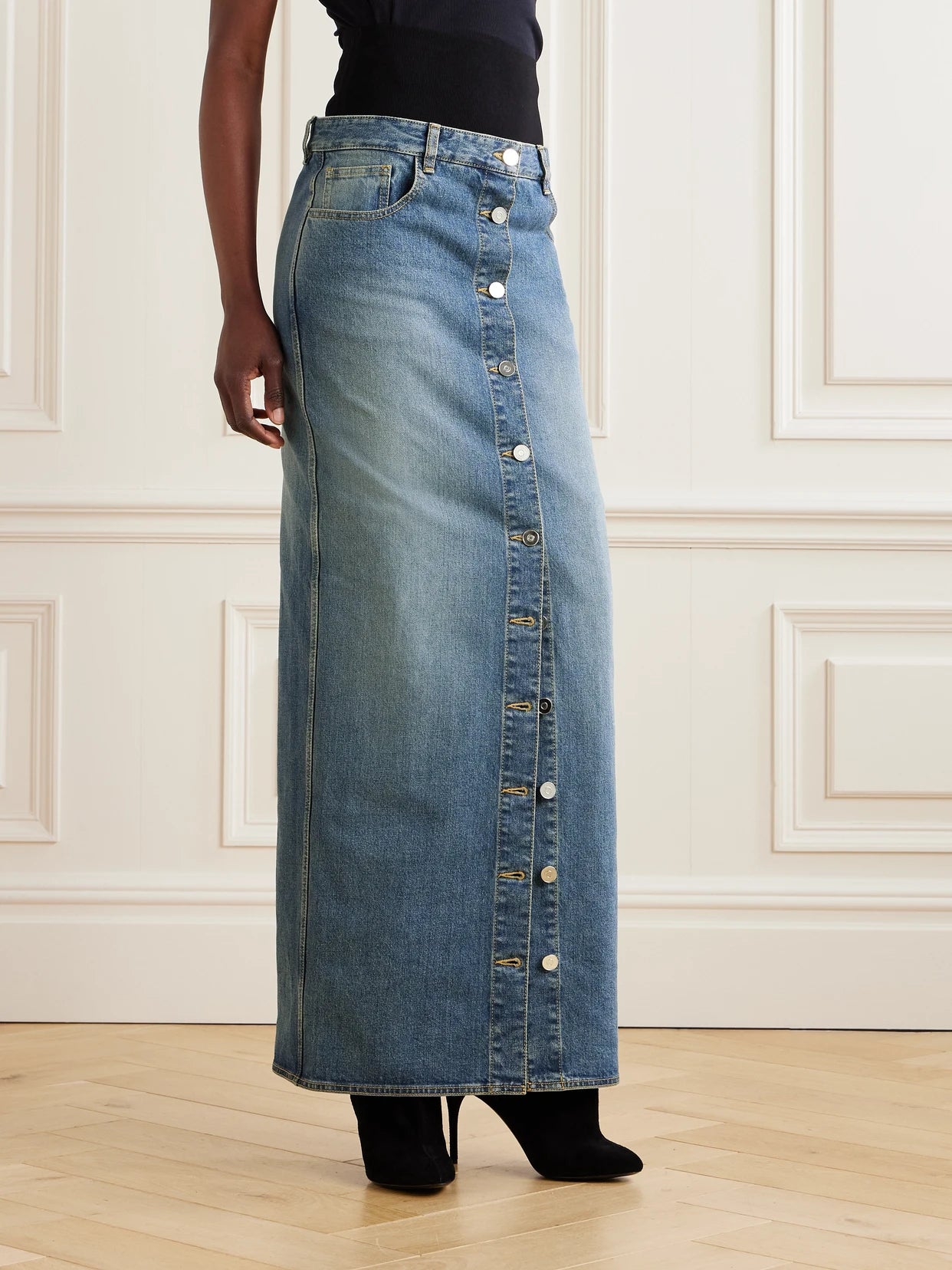 Layered Jersey-trimmed Denim Maxi Skirt