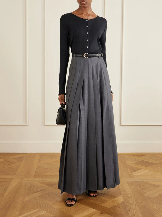 Belted Pleated Woven Grain De Poudre Maxi Skirt