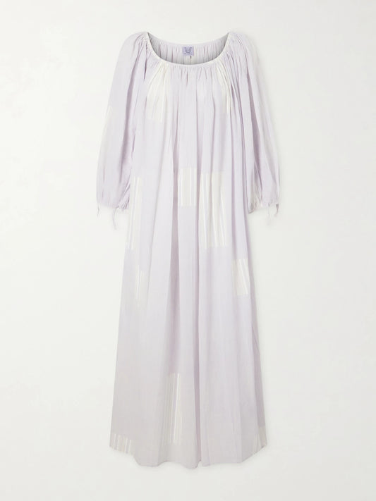Image of Dresses. Product name - Athenaïs Gathered Striped Cotton-voile Maxi Dress in Gray colour by brand - Thierry Colson