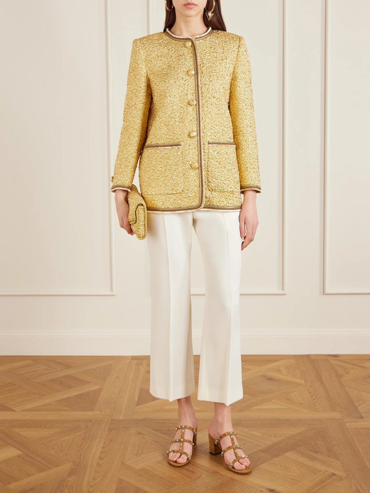 Image of Heels. Product name - Rockstud 60 Embellished Suede Mules in Tan colour by brand - Valentino Garavani
