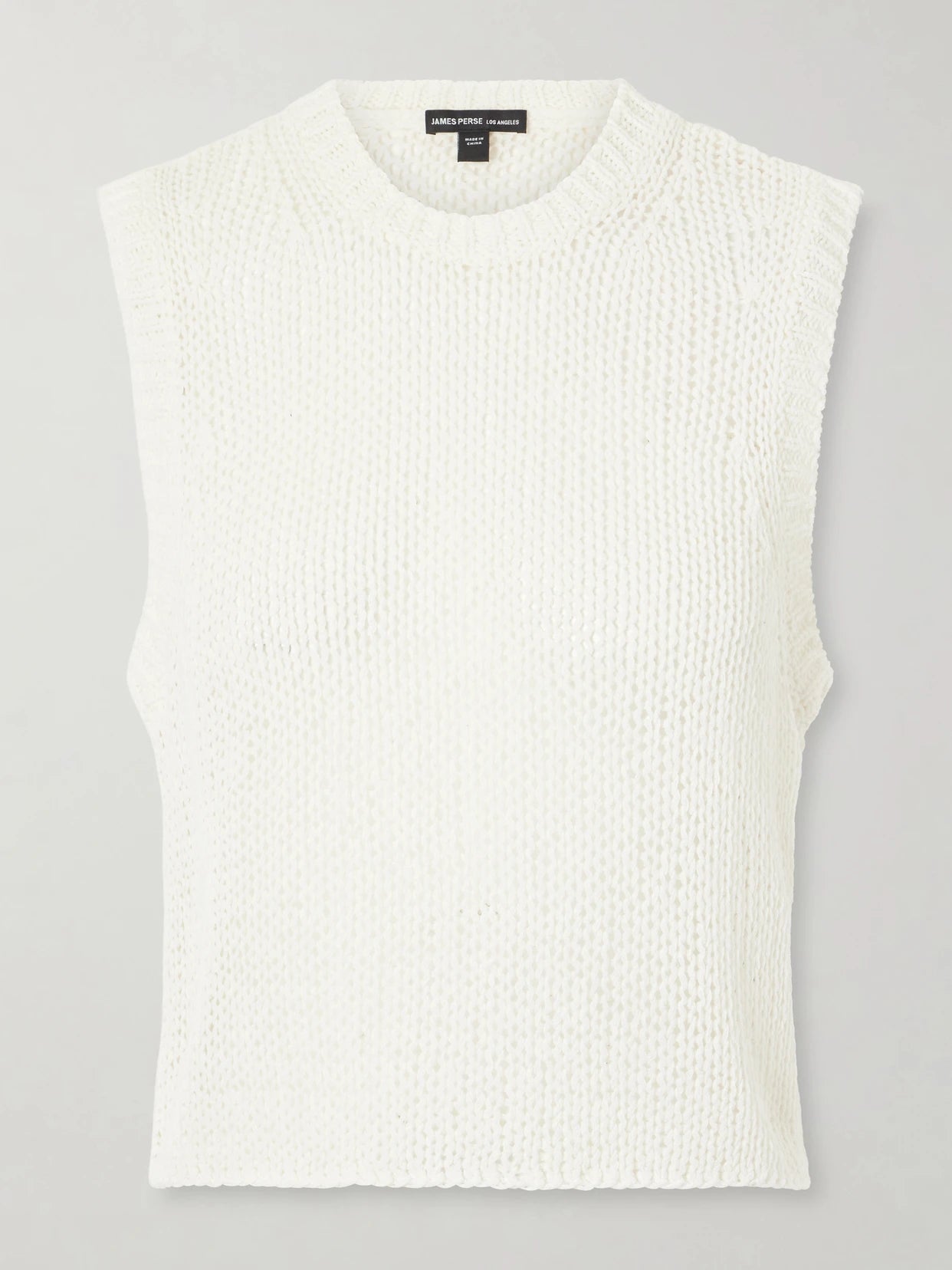 Image of a model wearing Tops. Product name - Knitted Linen And Cotton Tank in Off-white colour by brand - James Perse