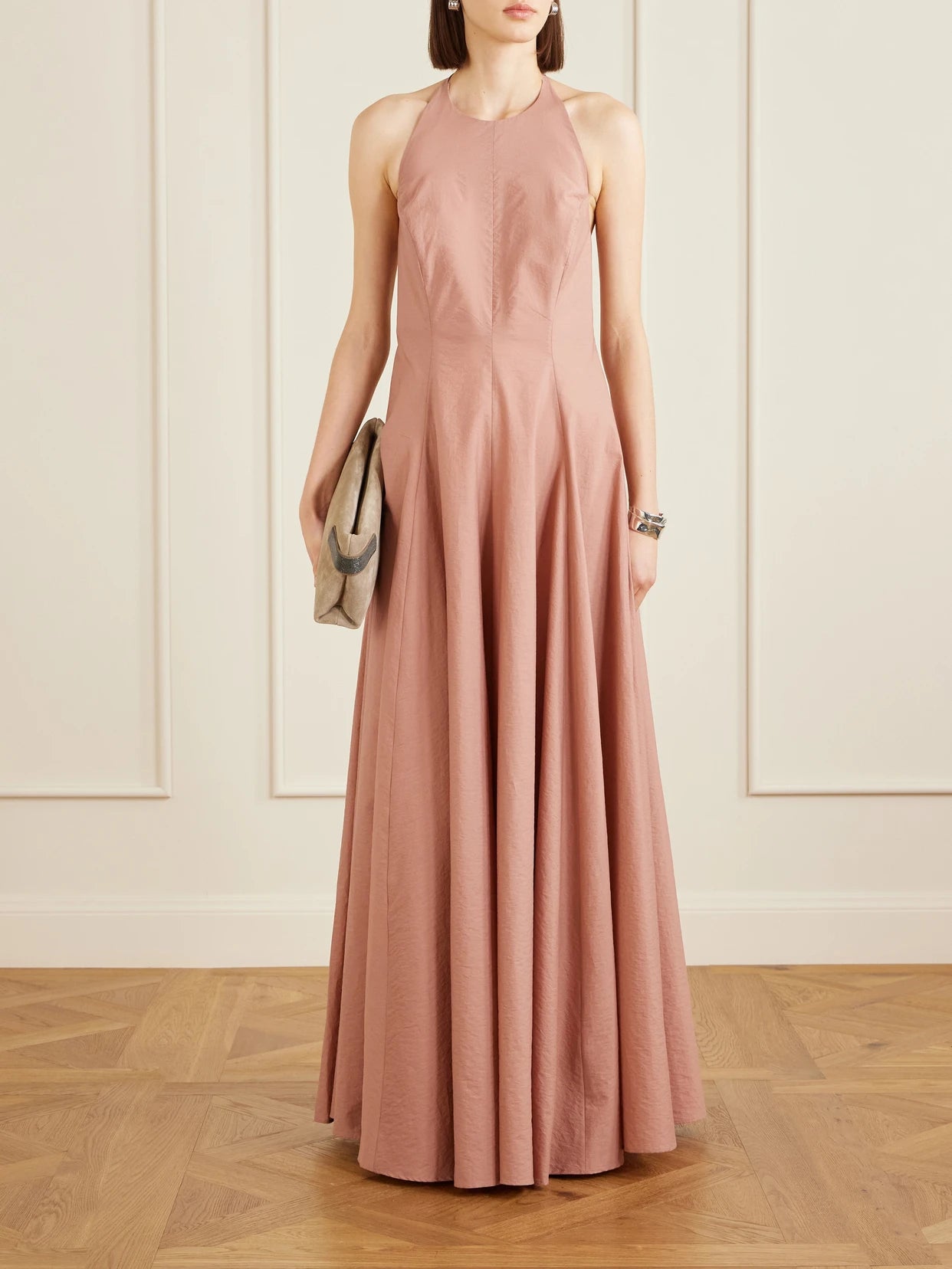 Image of Dresses. Product name - Pleated Cotton-blend Halterneck Maxi Dress in Brown colour by brand - Brunello Cucinelli