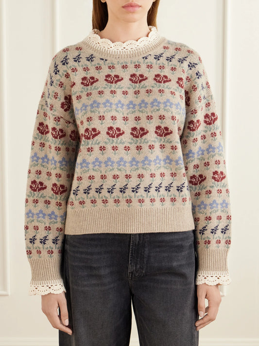 Sea Preston Crochet-knit Trimmed Floral-intarsia Wool-blend Sweater