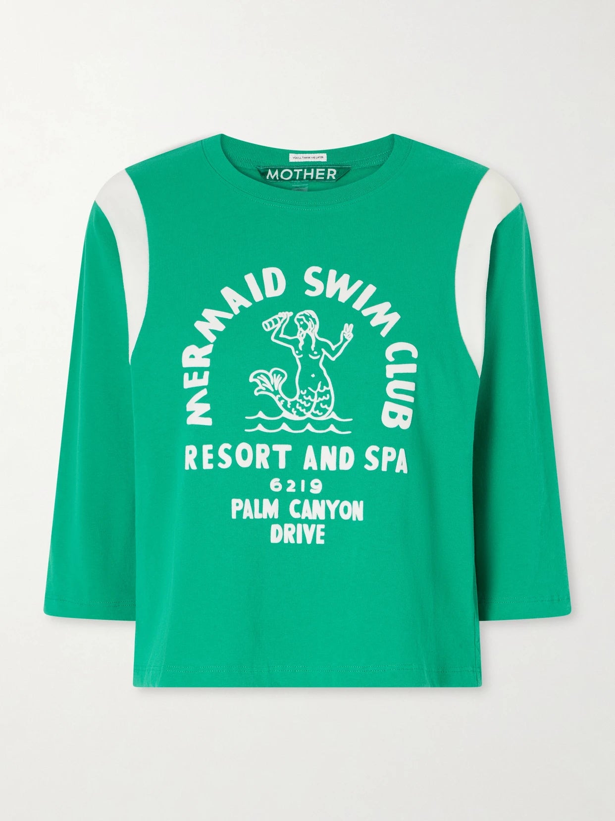 Image of a model wearing Tops. Product name - The Better Half Flocked Printed Cotton T-shirt in Green colour by brand - Mother