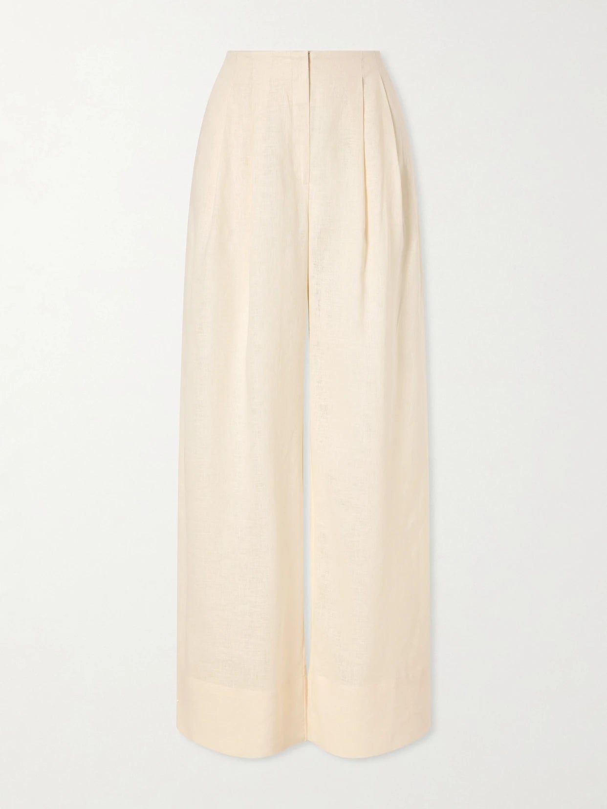 Image of a model wearing Pants. Product name - Ancestra Pleated Linen Wide-leg Pants in Ivory colour by brand - Andres Otalora