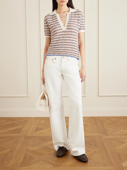 Image of a model wearing Outerwear. Product name - Ophelia Striped Wool Polo Shirt in Beige colour by brand - BERNADETTE