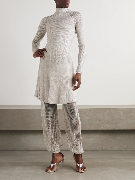 Image of Dresses. Product name - Metallic Open-knit Turtleneck Mini Dress in Silver colour by brand - Alaïa