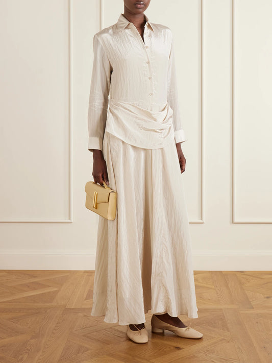 Image of Dresses. Product name - Draped Crinkled-satin Midi Dress in Taupe colour by brand - Abadia