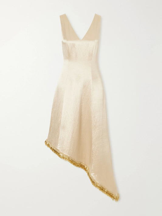Abadia Lynn Asymmetric Bead-embellished Satin Midi Dress