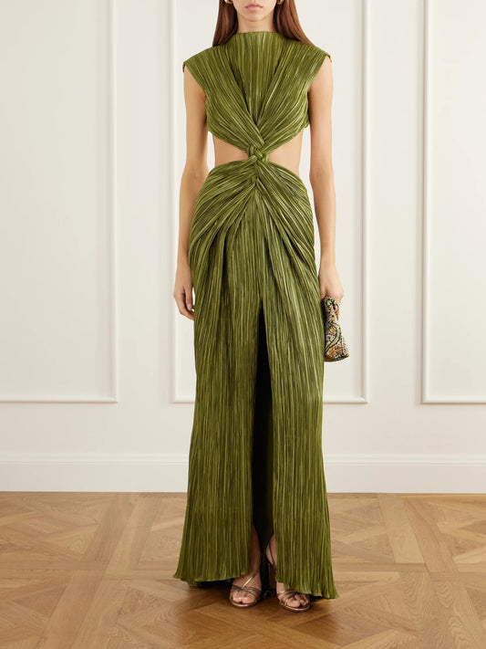Image of Dresses. Product name - Voss Open-back Braided Gathered Plissé Gown in Green colour by brand - Cult Gaia