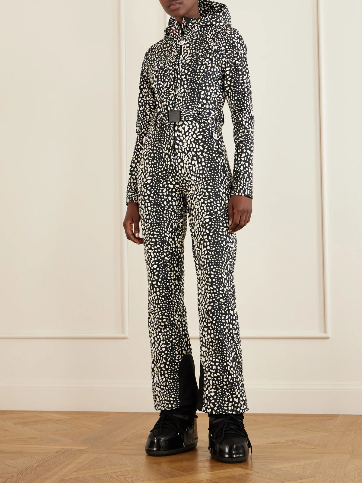 Image of Others. Product name - Tignes Hooded Belted Printed Shell Ski Suit in Black colour by brand - Perfect Moment