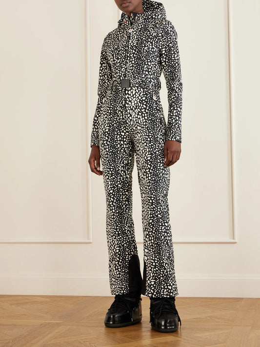 Image of Others. Product name - Tignes Hooded Belted Printed Shell Ski Suit in Black colour by brand - Perfect Moment