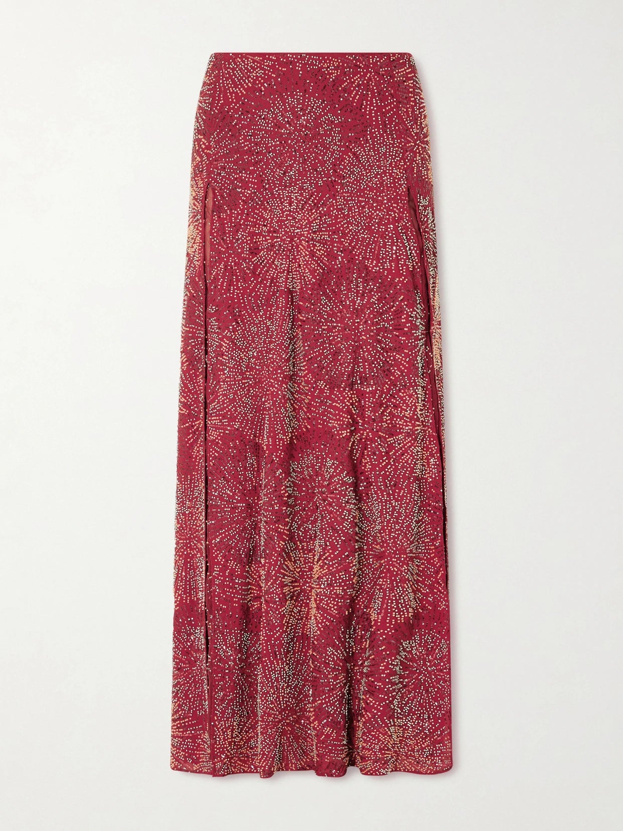 Image of a model wearing Skirts. Product name - Embellished Crepe Maxi Skirt in Red colour by brand - RABANNE
