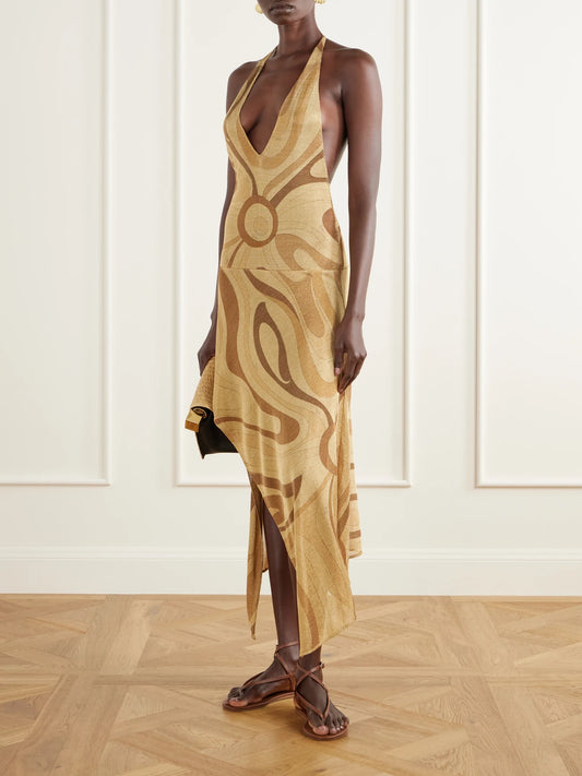 Image of Dresses. Product name - Asymmetric Embellished Printed Mesh Halterneck Midi Dress in Gold colour by brand - PUCCI
