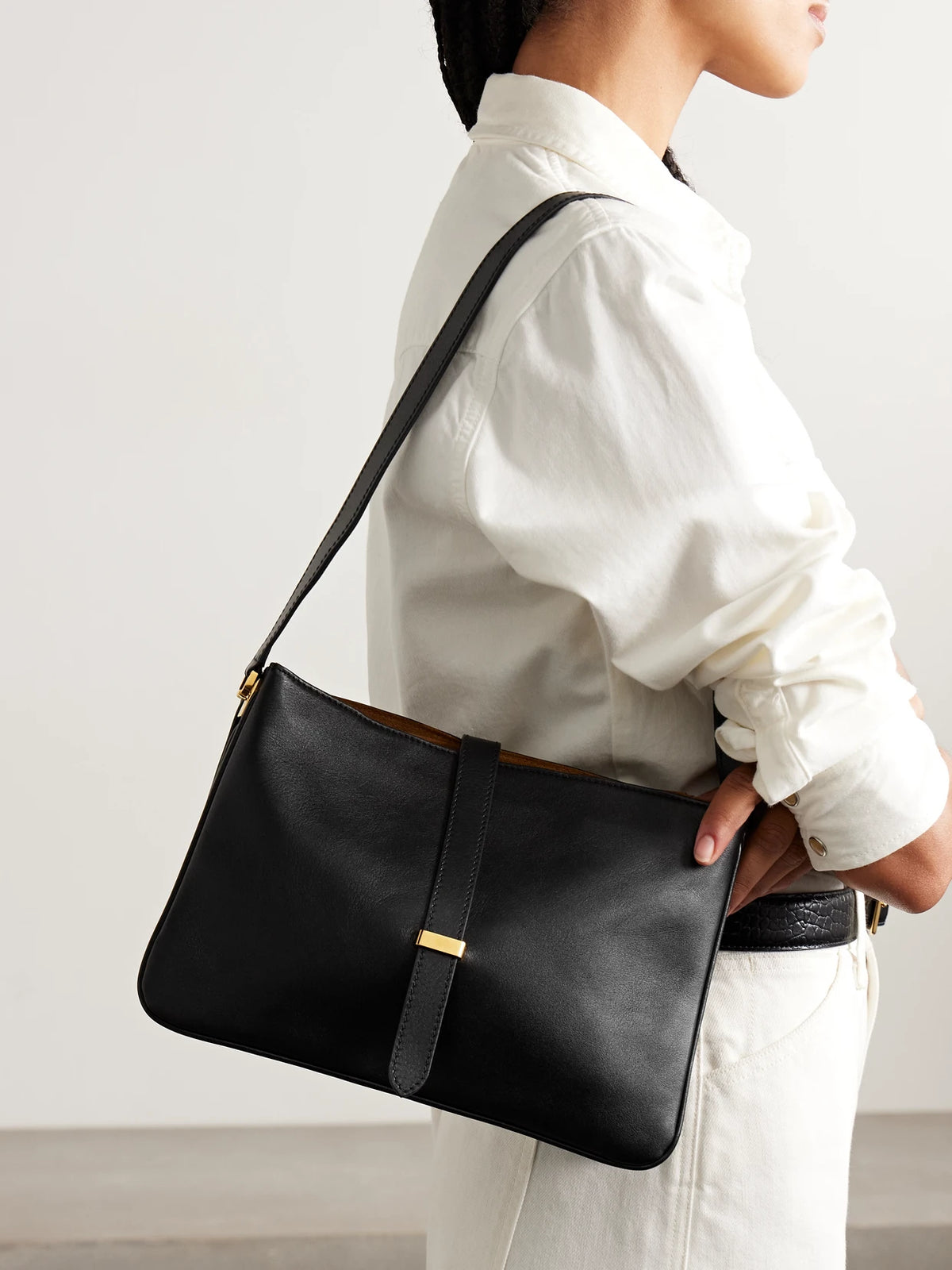 Image of Bags. Product name - Jane Leather Shoulder Bag in Black colour by brand - Nili Lotan
