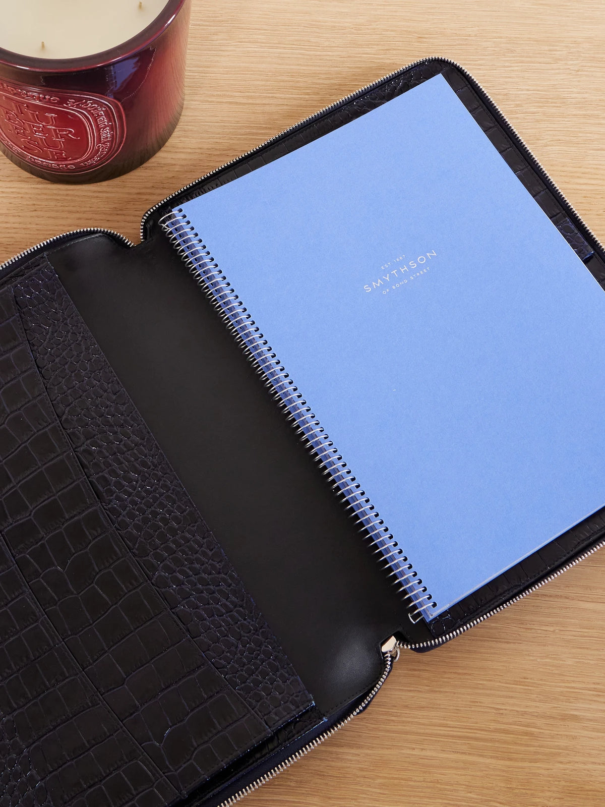 Image of Wallets & Money Clips. Product name - Mara Croc-embossed Leather A4 Folder in Blue colour by brand - Smythson