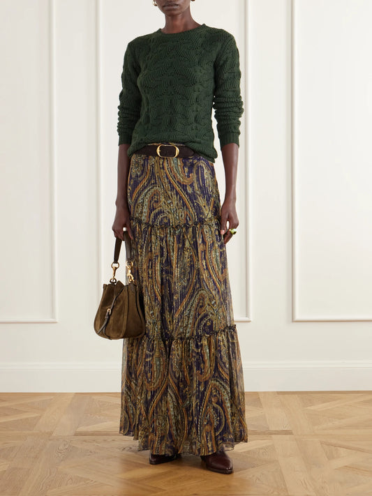 Image of a model wearing Skirts. Product name - Tiered Paisley-print Silk-blend Chiffon Maxi Skirt in Multi colour by brand - Etro