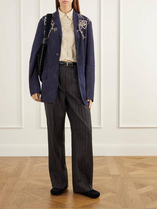 Image of Coats & Jackets. Product name - Bead-embellished Paneled Suede Blazer in Navy colour by brand - Kartik Research