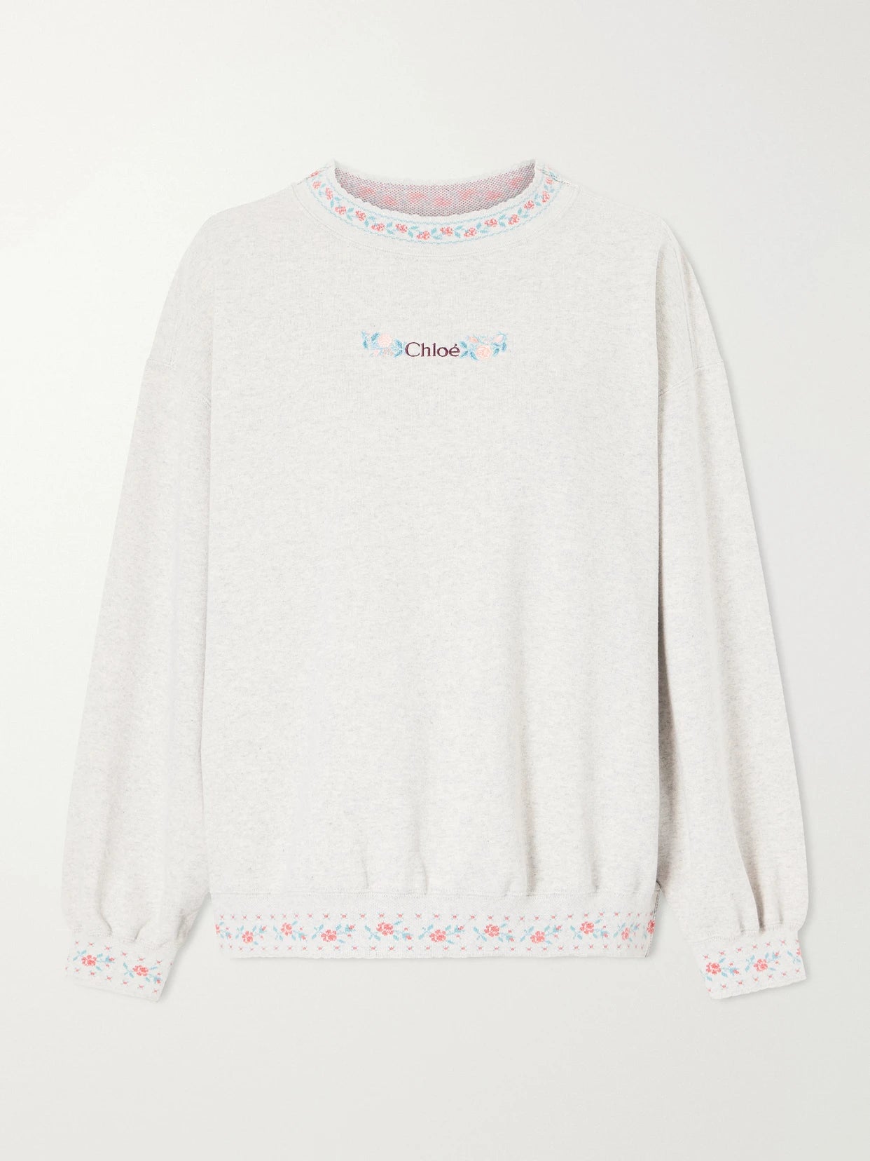 Image of a model wearing Tops. Product name - Logo-embroidered Scalloped Cotton-jersey Sweatshirt in Gray colour by brand - Chloé