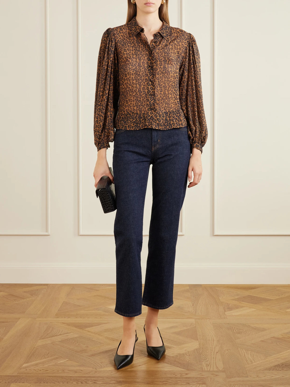 Image of a model wearing Tops. Product name - The Silk Prairie Leopard-print Silk-crepe De Chine Blouse in Leopard print colour by brand - FRAME