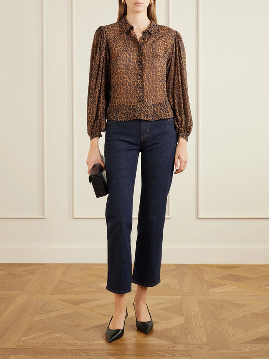 Image of a model wearing Tops. Product name - The Silk Prairie Leopard-print Silk-crepe De Chine Blouse in Leopard print colour by brand - FRAME