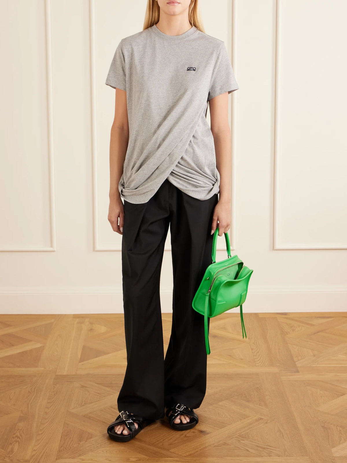 Image of Sneakers. Product name - Type Fussbett Embellished Leather Sandal in Black colour by brand - LOEWE