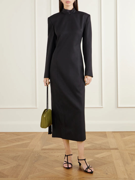 Image of Dresses. Product name - Brigette Silk-twill Midi Dress in Black colour by brand - Heirlome
