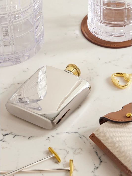 Image of Tableware. Product name - Garrett Silver-tone And Gold-tone Flask And Leather And Canvas Case in Brown colour by brand - Ralph Lauren Home