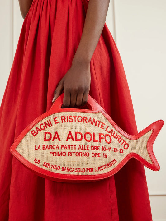 Image of Bags. Product name - + Da Adolfo Cleo Raffia Leather Handbag in Red colour by brand - STAUD