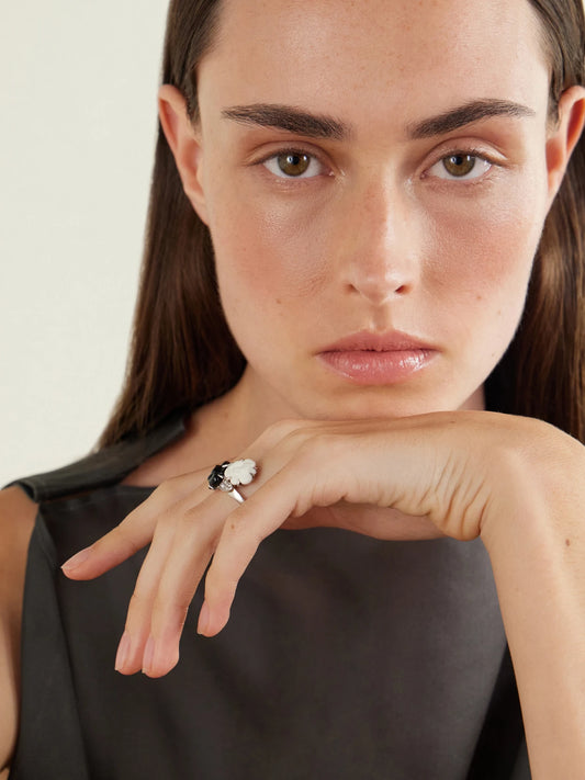 Image of Rings. Product name - + Chanel Vintage 1990s Camelia 18-karat Gold, Diamond And Ceramic Ring in Multi colour by brand - Stephanie Windsor