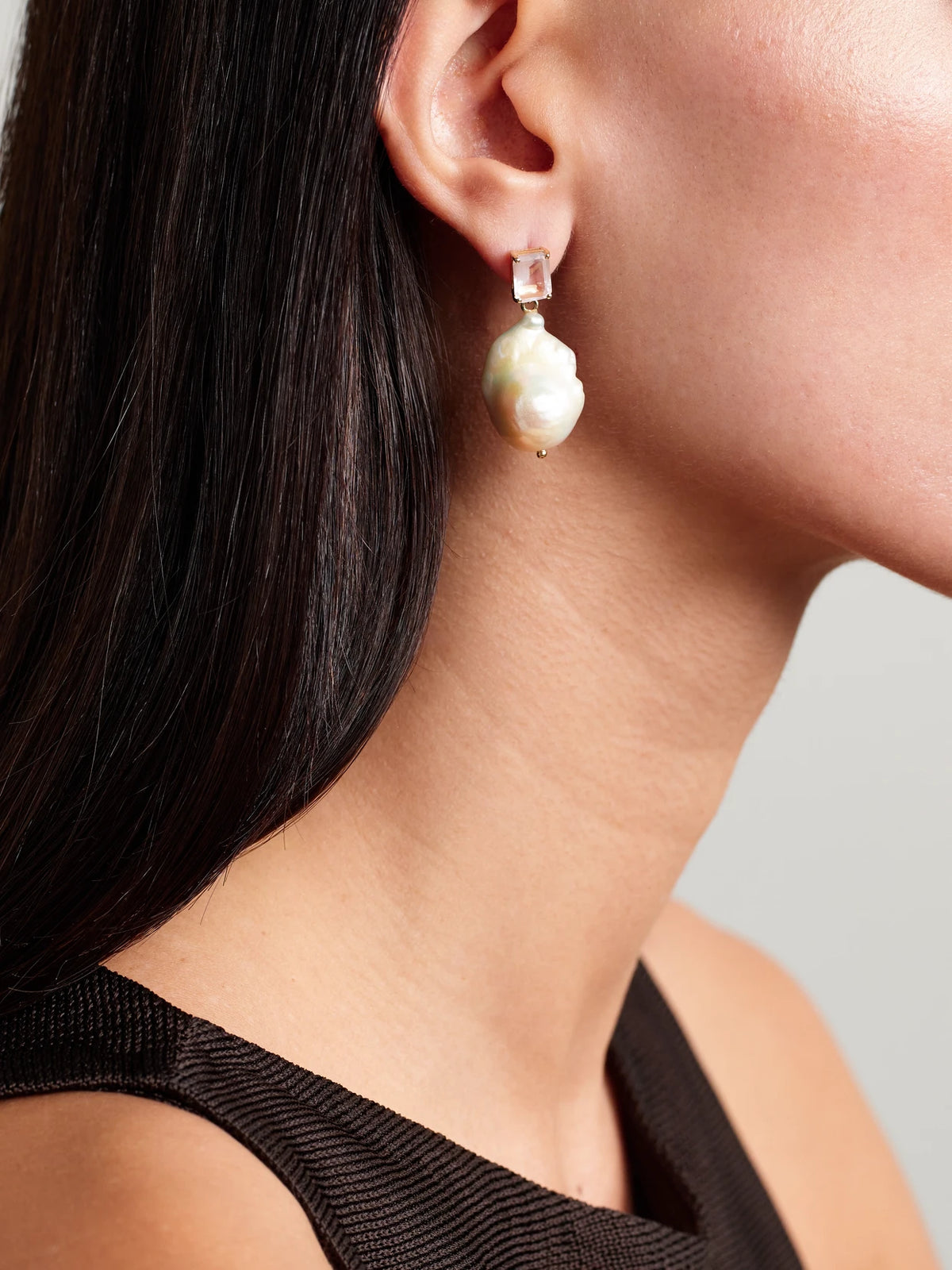 Image of Earrings. Product name - 14-karat Gold, Pearl And Rose Quartz Earrings in Multi colour by brand - Mateo