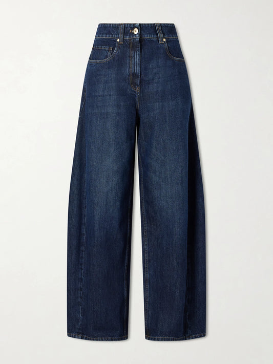 Image of Jeans. Product name - Mid-rise Wide-leg Jeans in Dark denim colour by brand - Brunello Cucinelli