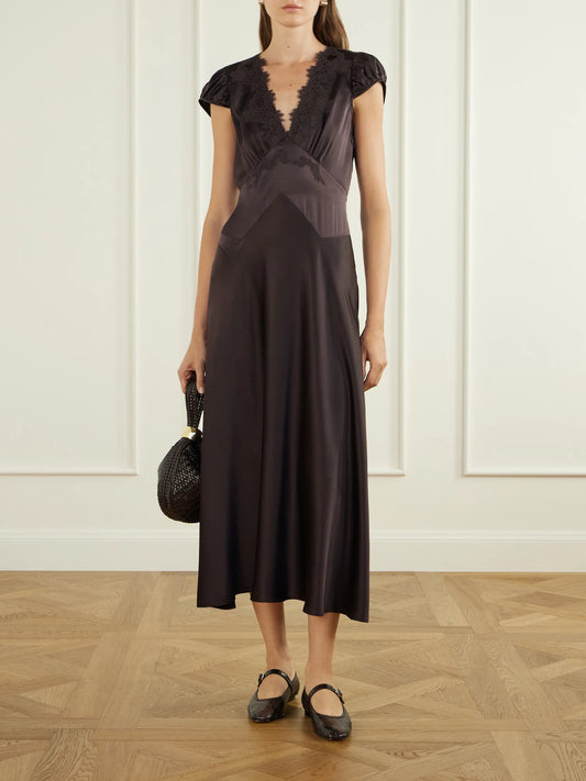 Image of Dresses. Product name - Coraline Lace-trimmed Silk-satin Midi Dress in Chocolate colour by brand - DÔEN