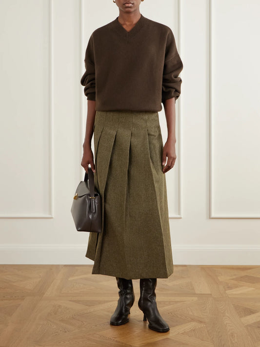 Image of a model wearing Outerwear. Product name - Lily Cashmere-blend Sweater in Brown colour by brand - Joseph