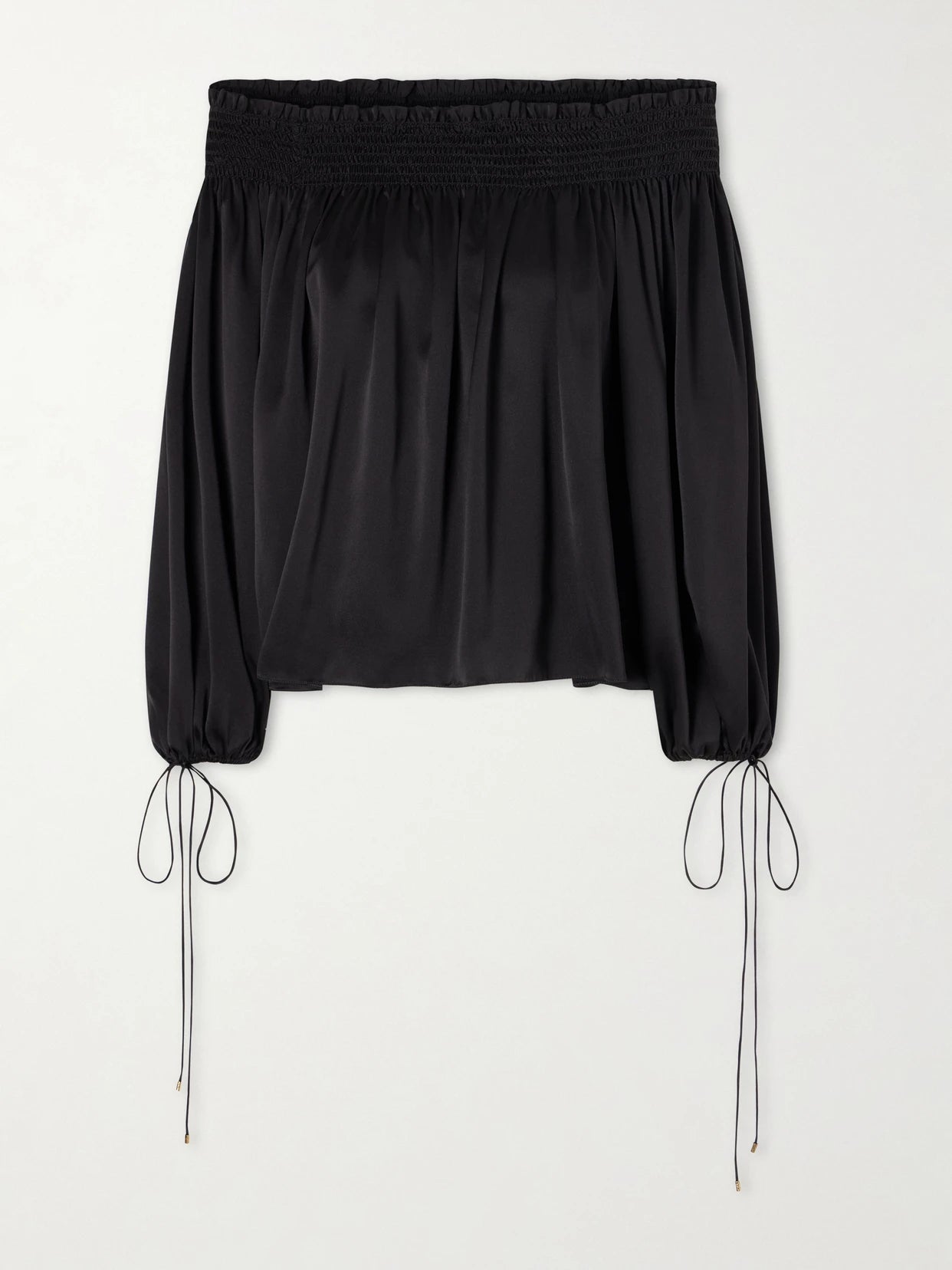 Image of Blouses. Product name - Off-the-shoulder Gathered Silk-satin Blouse in Black colour by brand - Chloé