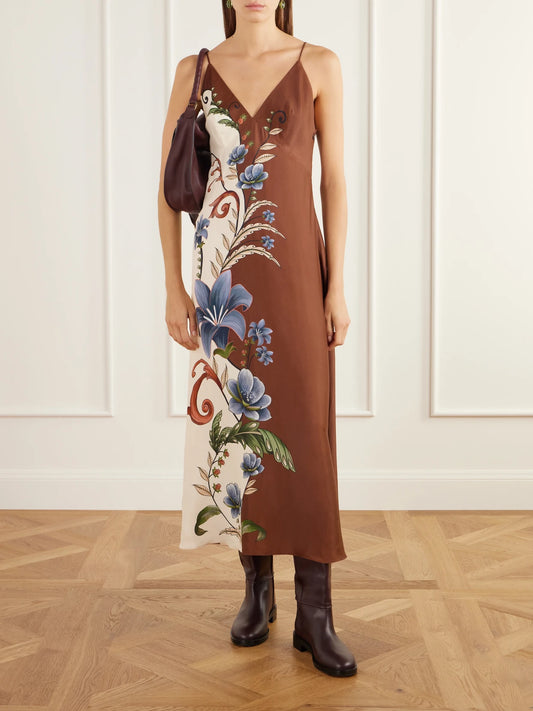 Image of Dresses. Product name - Millena Printed Gabardine Maxi Dress in Brown colour by brand - Farm Rio