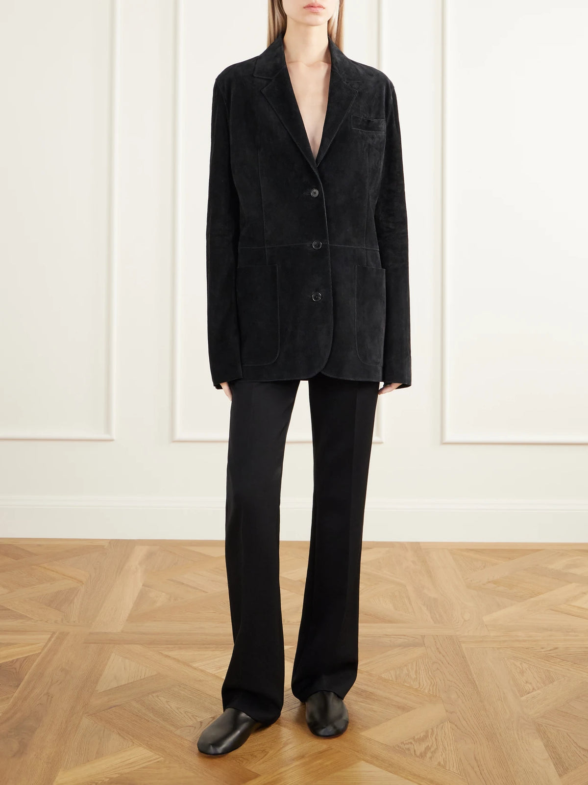 Image of Coats & Jackets. Product name - Kadie Paneled Suede Blazer in Black colour by brand - The Row
