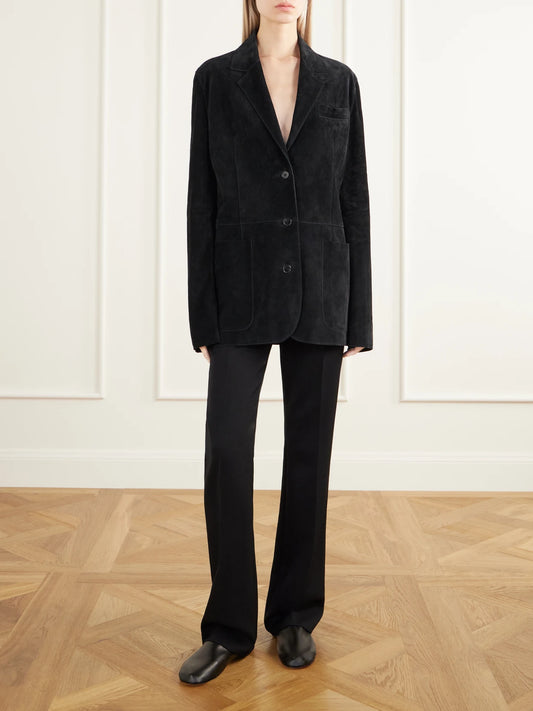 Image of Coats & Jackets. Product name - Kadie Paneled Suede Blazer in Black colour by brand - The Row